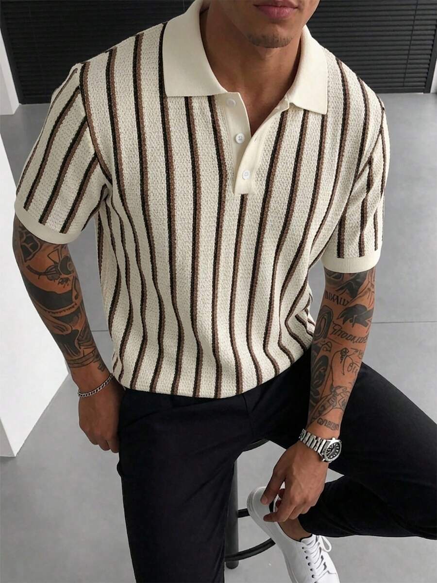 Manfinity CasualCool 男士拼色 Polo 衫,復古幾何提花休閒上衣/男士休閒通勤拼色短袖 Polo 衫 - 彩色 - 查看 1