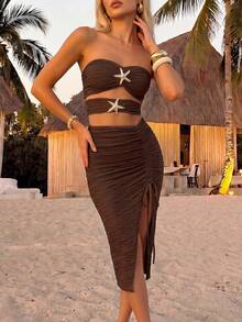 SHEIN Holidaya Summer Holiday Romantic Sexy Knit Texture Drawstring Asymmetric Hem Mini Tube Dress With Metal Starfish Decor - Coffee Brown - View 5
