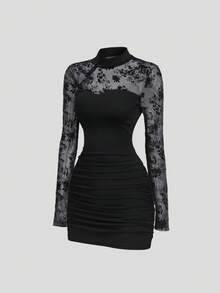Sweetra Women's Vintage Velvet Floral Print Sleeveless Fitted Mini Dress, Slim Fit - Black - View 3