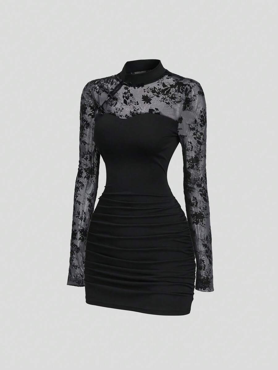 Sweetra Women's Vintage Velvet Floral Print Sleeveless Fitted Mini Dress, Slim Fit - Black - View 1