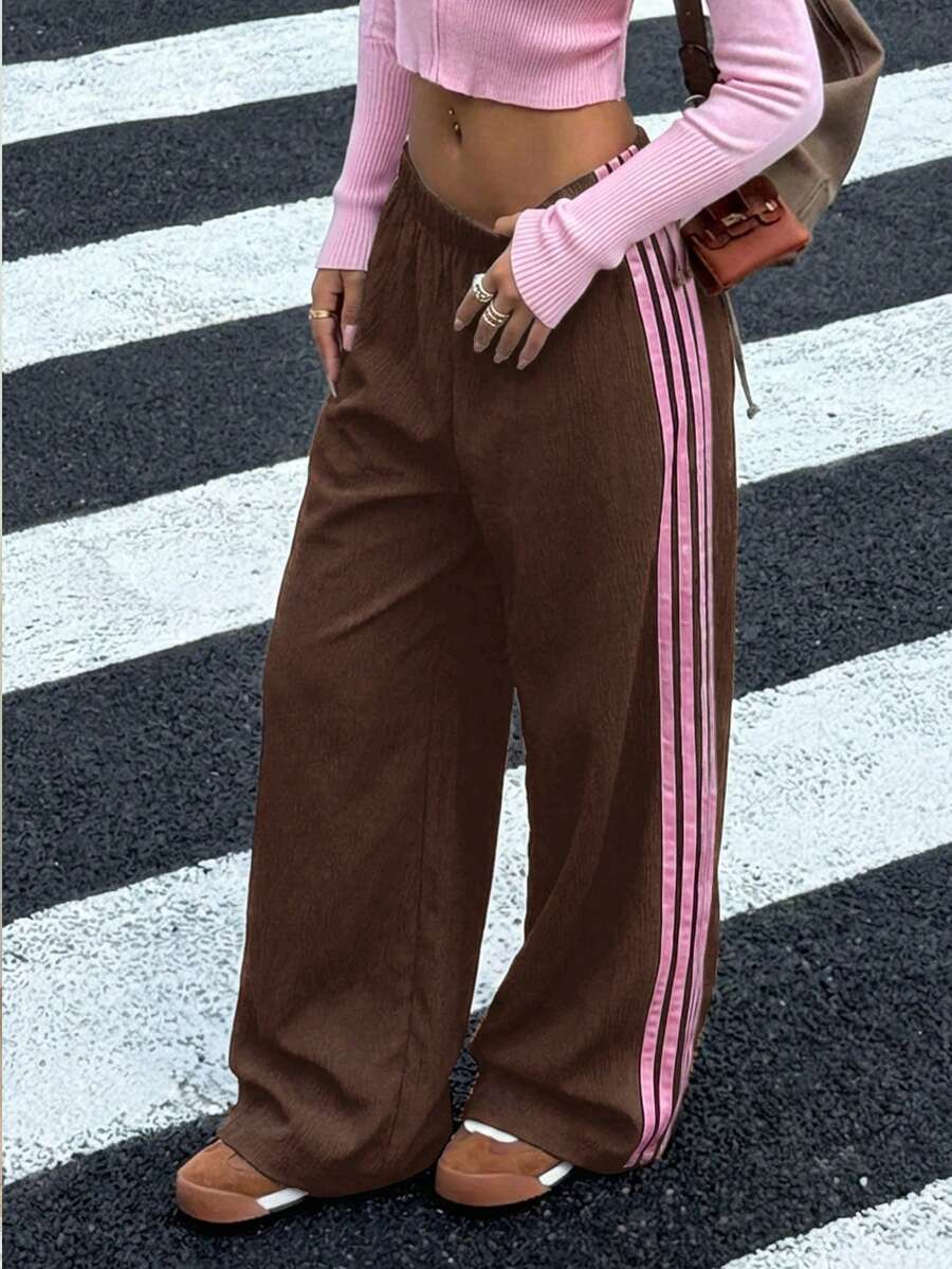 少女女孩棕色與粉色對比織帶寬鬆長褲,春夏新款百搭休閒街頭風 - 棕色 - 查看 1