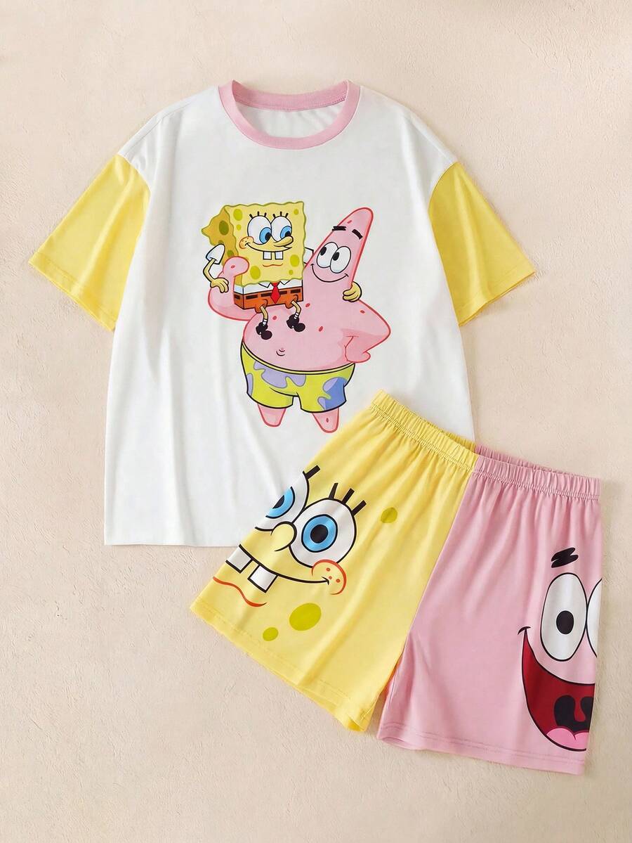 SpongeBob SquarePants | SHEIN 女士圆领短袖上衣和短裤睡衣套装 - 彩色 - 查看 1