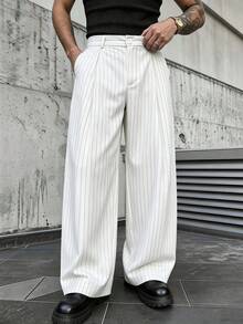 SLATEMANN 男士白色條紋長褲，休閒寬鬆直筒長褲，極簡時尚西裝褲 - 白色 - 查看 3