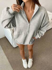 INAWLY 宽松休闲立领半拉链女式卫衣，毕业季、教师节、返校季套头衫 - 淺灰色 - 查看 5