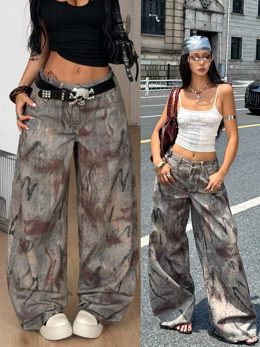 Coolane 女款春夏街頭風外訪夜店 Y2K 牛仔女郎休閒 Grunge 復古水洗寬腿低腰棉質香蕉哈倫牛仔褲