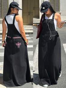 StreetHx Plus Size Women's Cross Pattern Casual Daily Wear Denim Overall Dress - Black - View 1