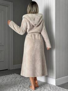 SHEIN Women Soft Plush Embroidered Long Sleeve Belted Hooded Robe Pajama Set - Beige - View 2