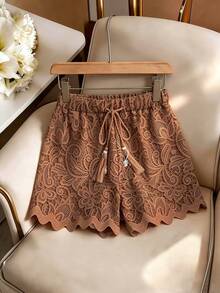 SHEIN Holidaya Women's Summer Casual Boho Vacation Loose Comfortable Faux Lace Print Elastic Waist Shell Tassel Trim Shorts Beach Brown Checkered - Brown - View 3