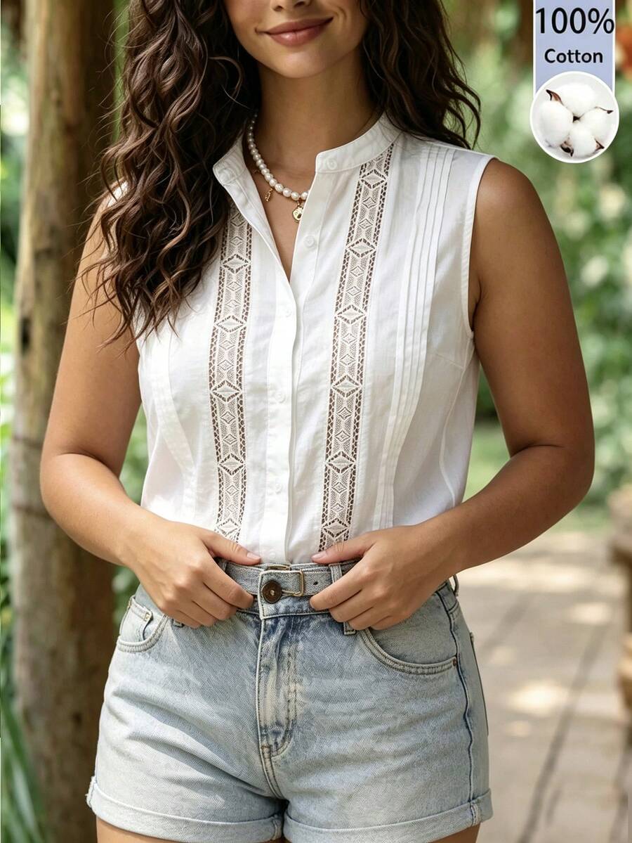 SHEIN CURVE+ Plus Size Women's Contrast Lace Single-Breasted Casual Sleeveless Blouse - White - View 1