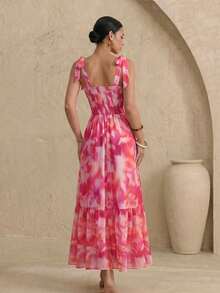 Swim Oasis Summer New V-Neck Tie-Front Printed Backless Full Skirt Dress Vacation Pink And White Tropical Romantic - Pink - View 2