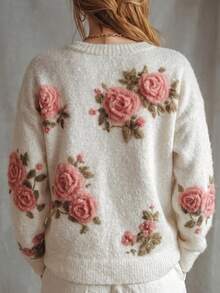 Glimmora Cream White 3D Rose Embroidered French Vintage Soft Style Commuter Pullover Versatile Round Neck Knit Top - White - View 2