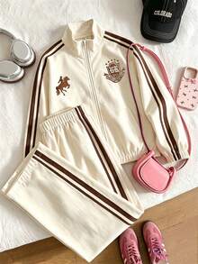 SHEIN 女童復古學院風日常通勤春秋撞色條紋立領拉鍊夾克外套與寬腿長褲2件套，加厚保暖內裡，適合秋冬穿著 - 杏色 - 查看 6