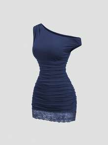 Sweetra Petite Women's Spring/Summer Brown Elegant Commuter Fitted Waist Slim Lace Patchwork Hem Mini Dress - Royal Blue - View 1