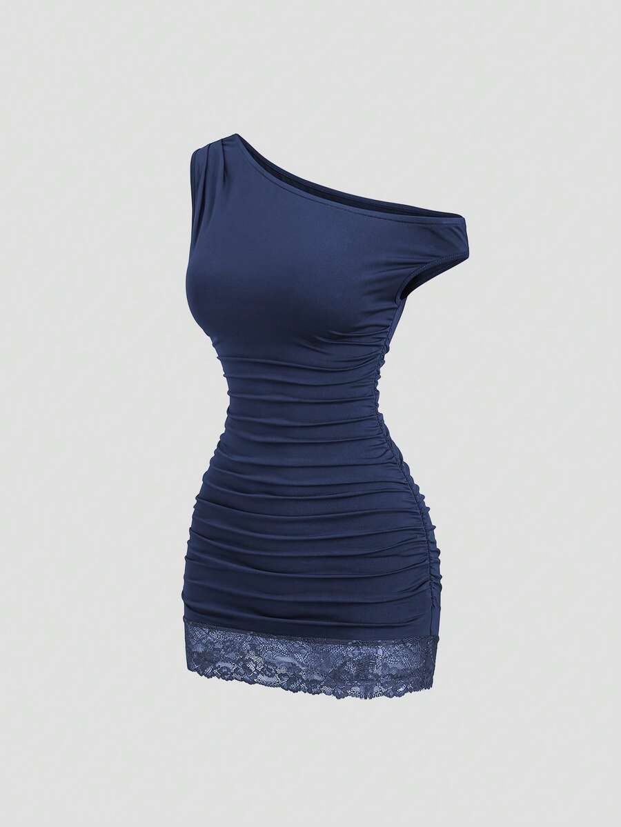 Sweetra Petite Women's Spring/Summer Brown Elegant Commuter Fitted Waist Slim Lace Patchwork Hem Mini Dress - Royal Blue - View 1