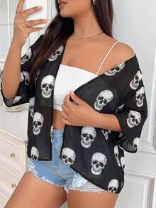 SHEIN EZwear 大尺碼女款骷髏印花短袖寬鬆夾克 - 黑與白 - 查看 1
