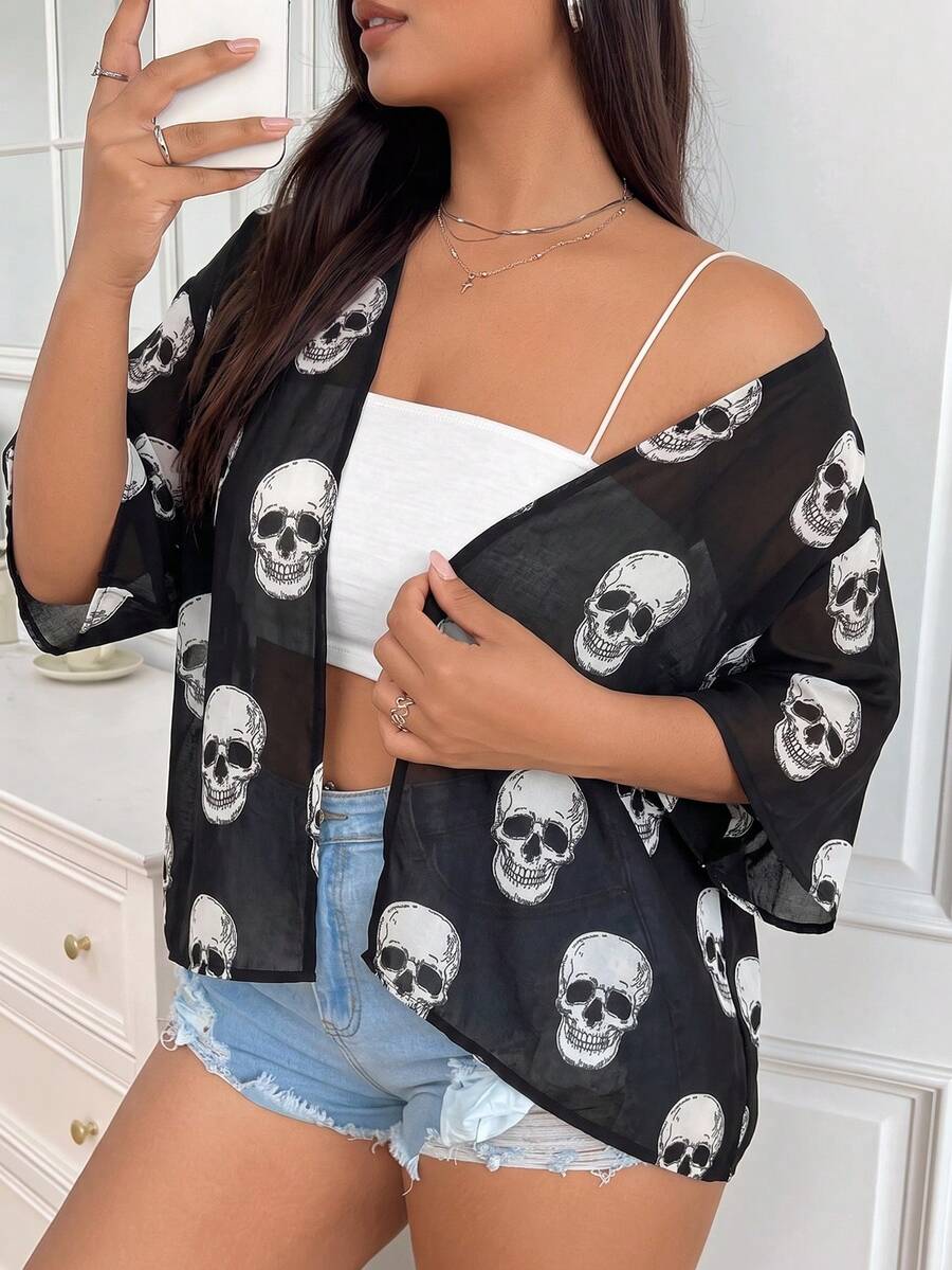SHEIN EZwear 大尺碼女款骷髏印花短袖寬鬆夾克 - 黑與白 - 查看 1