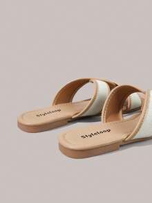 Styleloop Women Shoes Multi-Colored Canvas Splicing Square Toe Flat Bottom Cross Sandals, Simple Casual Style, Suitable For Daily Commuting, Vacation Travel - Apricot - View 6