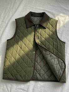 FRIFUL Women's Autumn Colorblock Diamond Quilted Padded Vest Jacket - Green - View 8