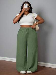 SHEIN PETITE CURVE 大尺碼女款鼠尾草綠紋理休閒束腰寬鬆保守傳統居家褲，適合度假、機場、商務、夏季正式場合 - 橄欖綠 - 查看 3