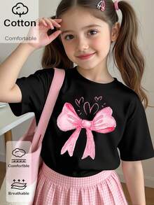 Girls' Fashionable Fresh Minimalist Pink Bow Print Basic Cotton Short T-Shirt, Comfortable Daily Wear Black Top - Black - View 1
