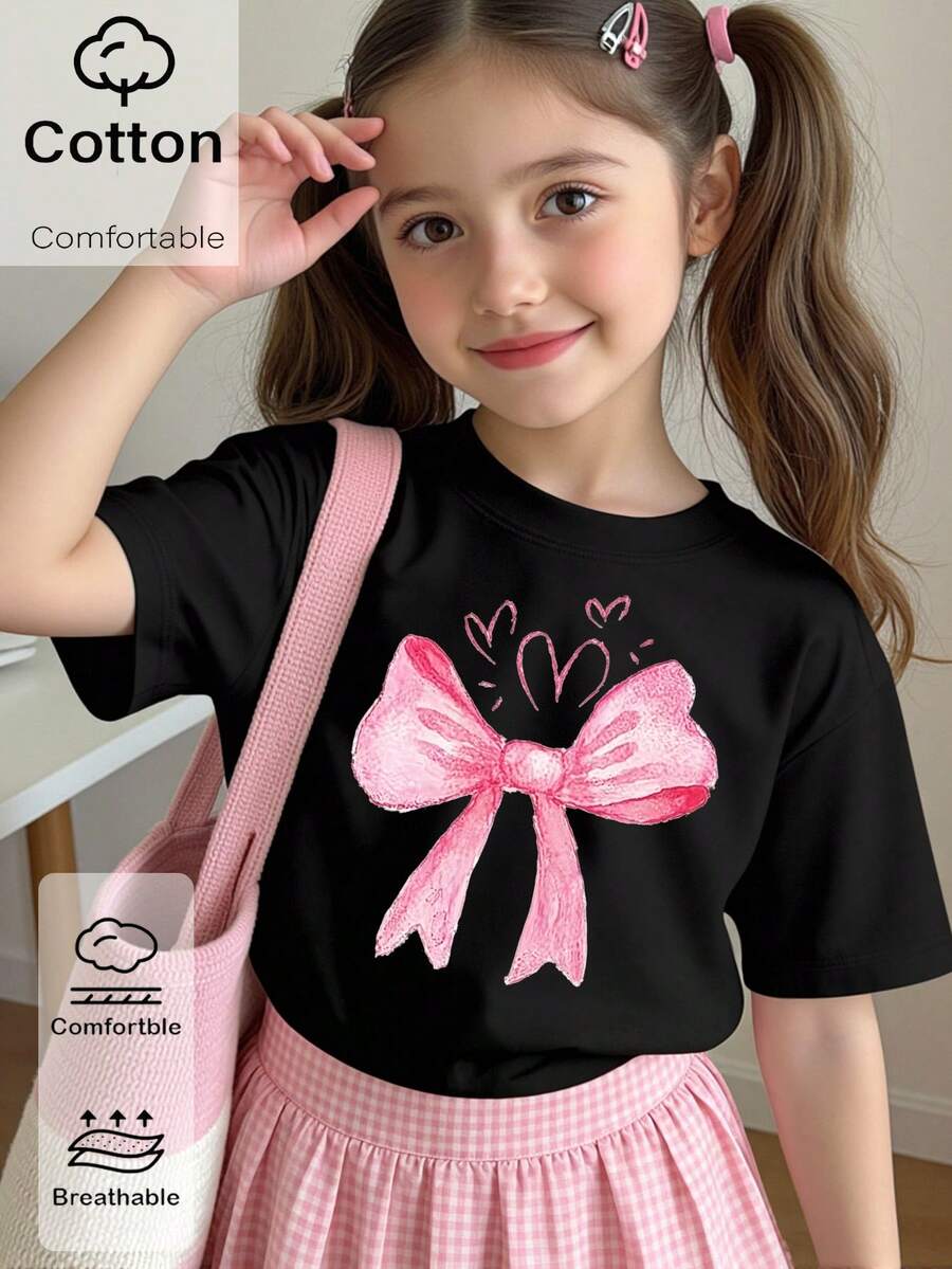 Girls' Fashionable Fresh Minimalist Pink Bow Print Basic Cotton Short T-Shirt, Comfortable Daily Wear Black Top - Black - View 1
