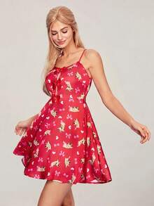 SCOOBY-DOO X SHEIN Women's Cartoon Printed Spaghetti Strap Sleeping Dress With Bow Decor - Red - View 1