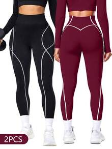 Solea Cove Solea Cove 女款高腰休閒條紋拼接修身運動緊身褲 2件組 - 彩色 - 查看 1