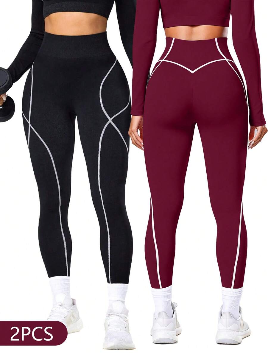 Solea Cove Solea Cove 女款高腰休閒條紋拼接修身運動緊身褲 2件組 - 彩色 - 查看 1