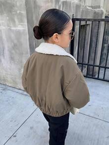 Dazy Kids Loose Fit Contrast Color Lamb Wool Long Sleeve Thick Coat For Young Girls Padded Coat Winter - Army Green - View 2