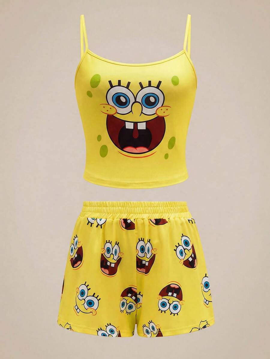 SpongeBob SquarePants | SHEIN 女士可爱卡通图案吊带背心和短裤睡衣套装,舒适 - 黃色 - 查看 1