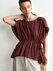 Aalyst Women's Fashion Solid Color Casual Versatile Work Essential INS Style Tie-Up Linen Shirt - Brown - View 4