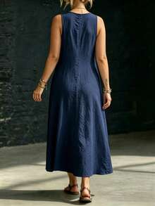 SHEIN LUNE CURVE 大尺碼女款V領無袖長版A字洋裝，100%純棉材質，適合度假休閒、波希米亞風、日常穿搭、海灘、度假、純色、無袖、夏季 - 藏蓝色 - 查看 2