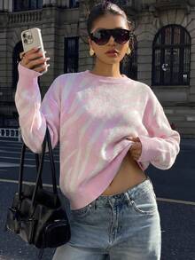 Graphic Pattern Drop Shoulder Sweater - Baby Pink - View 3