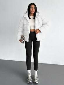 EURMUSE Solid Color, Zip Up, Hooded Winter Coat - White - View 5
