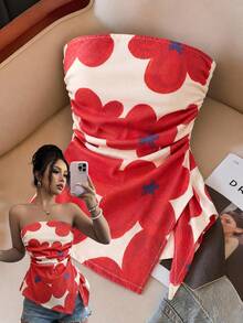 SHEIN MOD 米色側抓皺不對稱下擺牛仔抹胸上衣，適合早午餐、度假、夏季性感穿搭 - 彩色 - 查看 1