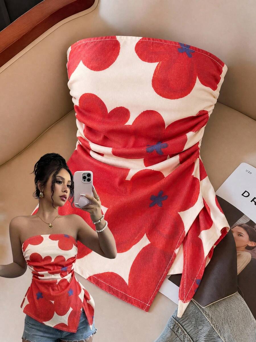 SHEIN MOD 米色側抓皺不對稱下擺牛仔抹胸上衣，適合早午餐、度假、夏季性感穿搭 - 彩色 - 查看 1