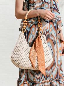 SHECARRY Women's Fashionable Elegant Simple Spring And Summer Vacation Beach Straw Woven Silk Scarf Decoration Wooden Beads Shoulder Strap Design Shoulder Bag - White - View 1