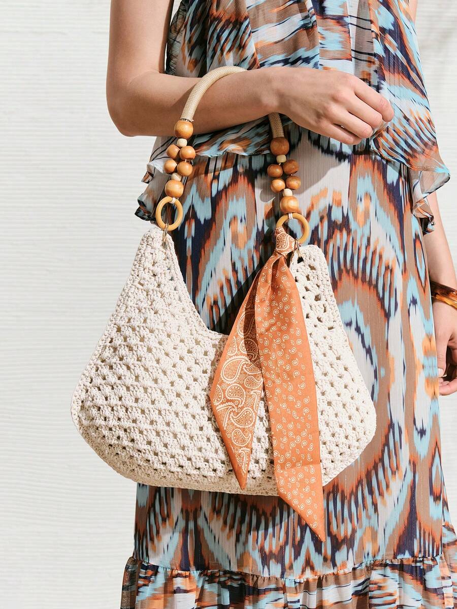 SHECARRY Women's Fashionable Elegant Simple Spring And Summer Vacation Beach Straw Woven Silk Scarf Decoration Wooden Beads Shoulder Strap Design Shoulder Bag - White - View 1