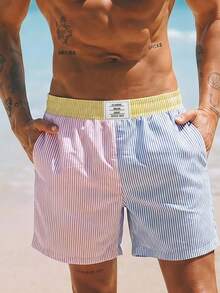 Pantalones cortos a rayas para hombre HIMLAND en tela tejida transpirable, bañadores amarillos a rayas para hombre, pantalones cortos de natación amarillos a rayas para hombre, pantalones cortos de playa para hombre, ropa de playa para hombre, vacaciones, regalos del Día del Padre - Multicolor - Ver 3