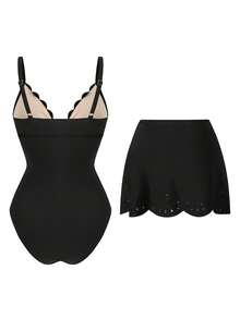 Swim Oasis Baju Renang Terusan Wanita Ukuran Besar dengan Rok, Cocok untuk Liburan Pantai, Pesta Kolam Renang, Pesta Pantai - Hitam - View 2