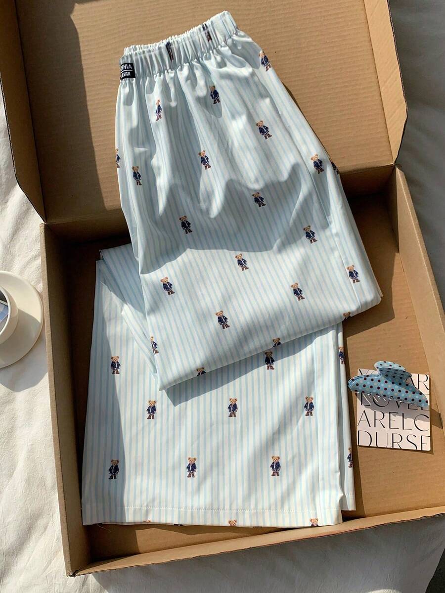 Comfortcana Women's Striped Cartoon Print Casual Daily Wear Long Pants - Blue - View 1