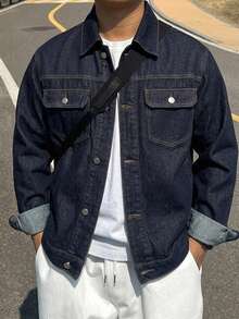 DAZY Men's Solid Color Denim Jacket, Autumn - Navy Blue - View 6