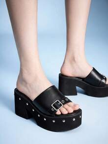 Sugerpunk Women's Thick-Soled Sandals Wear New Rivets, Slip-On Wedges, Slippers, Thick-Heeled High-Heeled Sandals. - Black - View 8