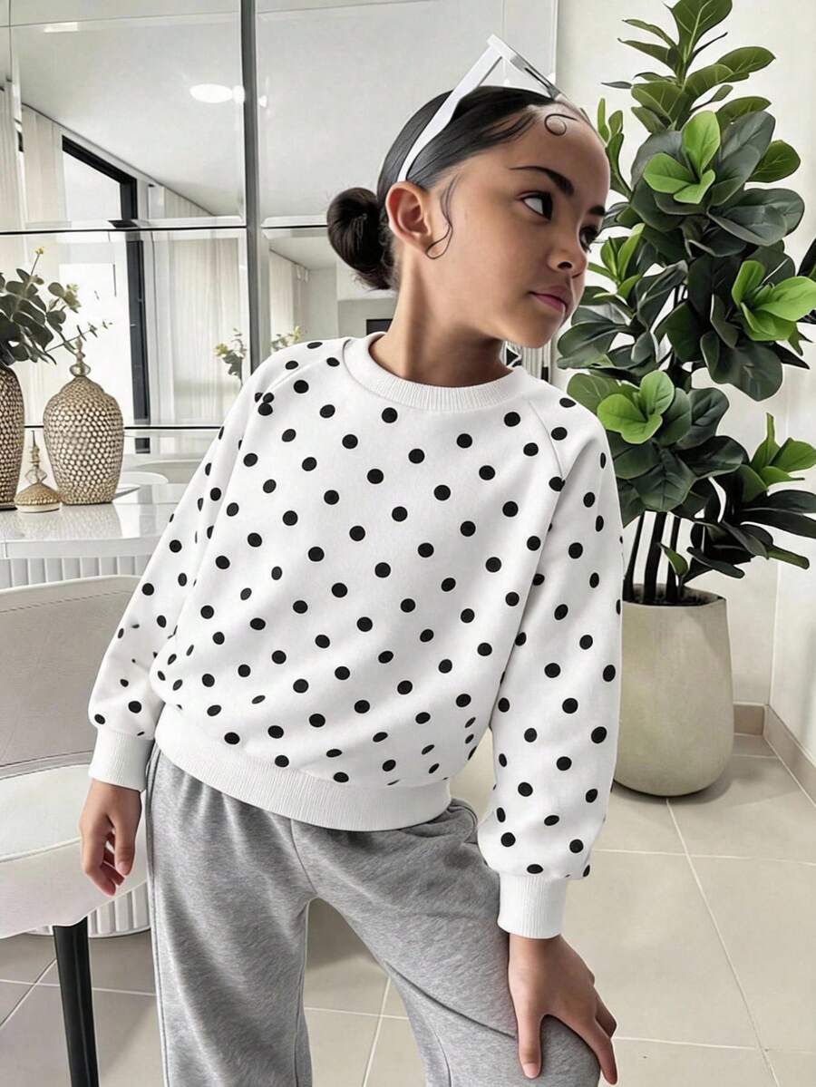 SHEIN 女童休閒日常時尚可愛俏皮波點圓領衛衣上衣 - 黑與白 - 查看 1
