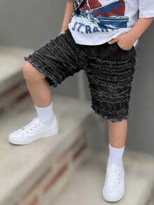 Kids Tween Boy Casual Denim Shorts With Pockets And Frayed Hem For Daily Wear - Black - View 1