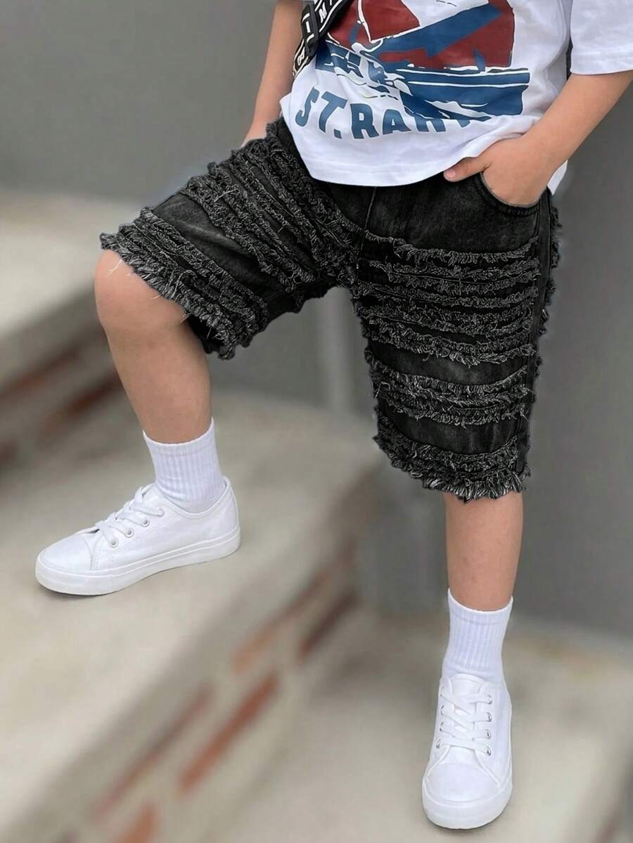 Kids Tween Boy Casual Denim Shorts With Pockets And Frayed Hem For Daily Wear - Black - View 1