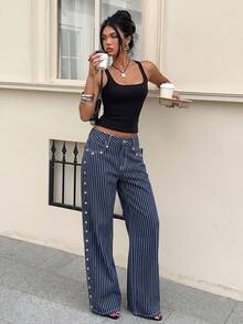 SHEIN EZwear Women's Fashion Striped Wide Leg Jeans Fall Clothes - Medium Wash - View 5