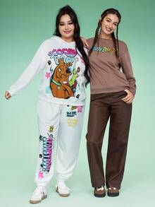 SCOOBY-DOO X SHEIN Plus Size Y2K Dressy Casual Set: Star Great Dane Print Drawstring Hooded Sweatshirt And Jogger Pants, Long Sleeve, Autumn White Formal - White - View 7