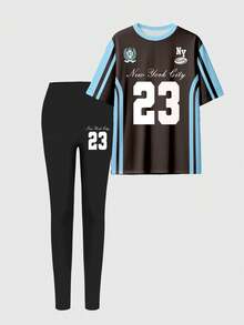 SHEIN Explorewe 女式休闲时尚创意数字 23 和标语图案印花短袖上衣和紧身打底裤 2 件套，街头运动风格 - 彩色 - 查看 4