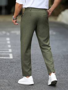 Manfinity Mode 男士休閒百搭口袋通勤西裝長褲 - 軍綠色 - 查看 2